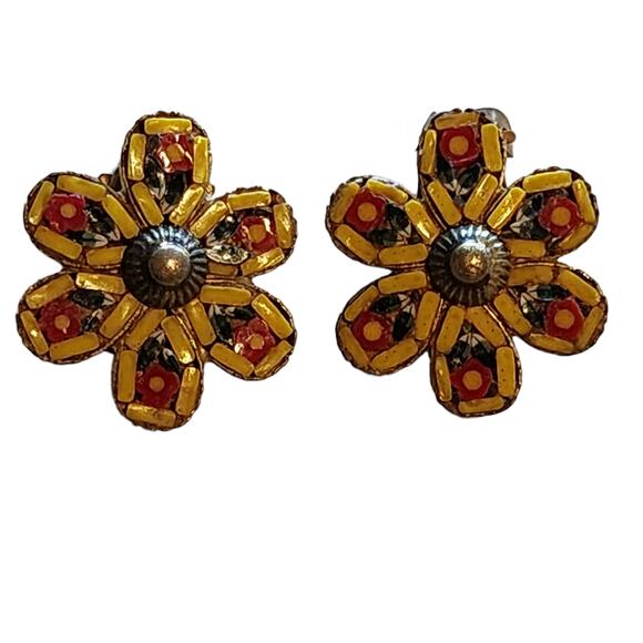 Vintage Italian Micromosaic Flower Earrings Clip-on in Yellow and Red - Picture 1 of 5
